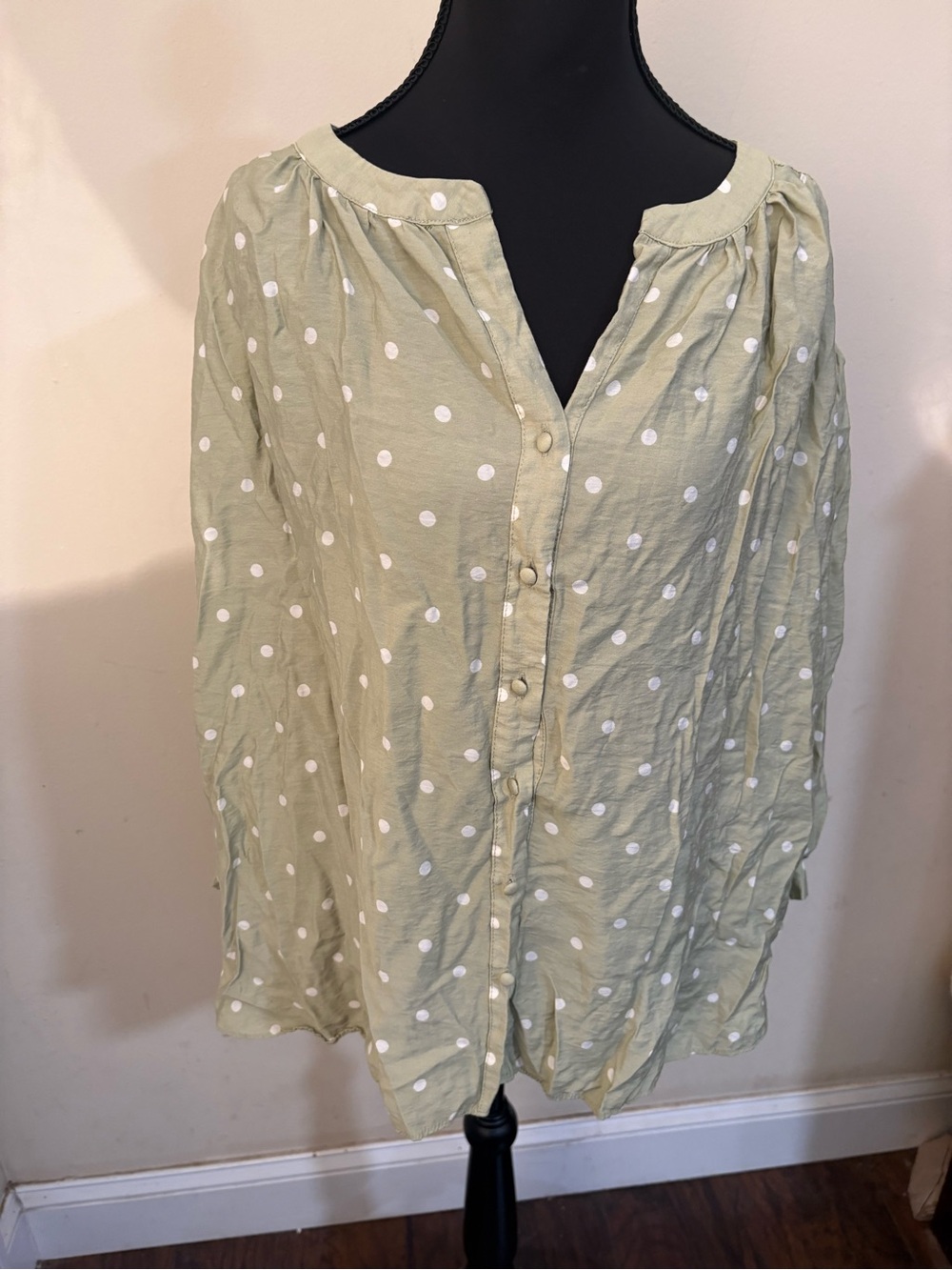 Rose & Olive Pale Sage Green Polka Dot Button-Front Blouse #boho-chic #festivals - Picture 2 of 13